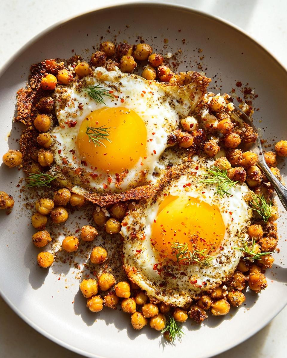 Two perfectly fried eggs served with crispy seasoned chickpeas, a vibrant and flavorful Chickpea Fried Eggs Recipe.