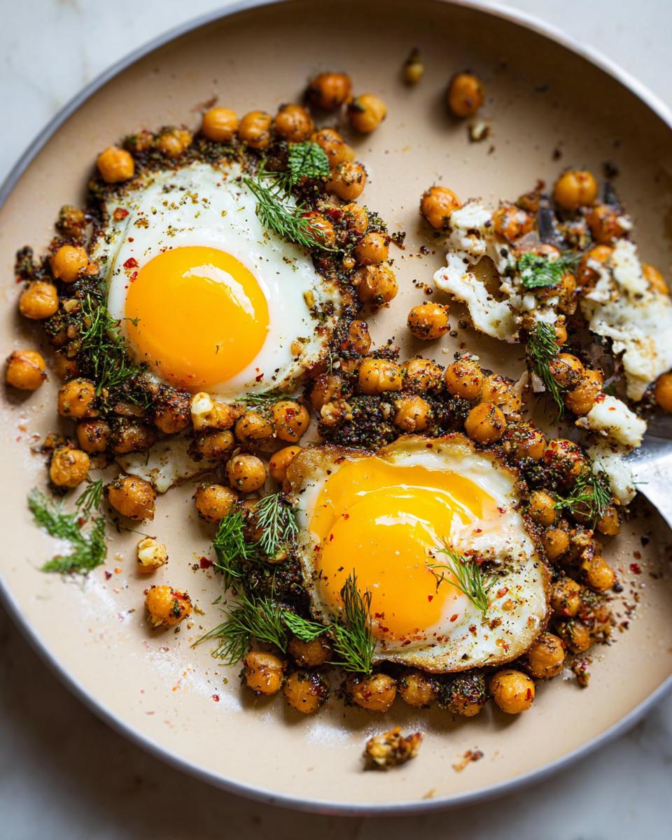 Two perfectly fried eggs nestled in a bed of seasoned chickpeas, garnished with fresh herbs. A delicious Chickpea Fried Eggs Recipe.