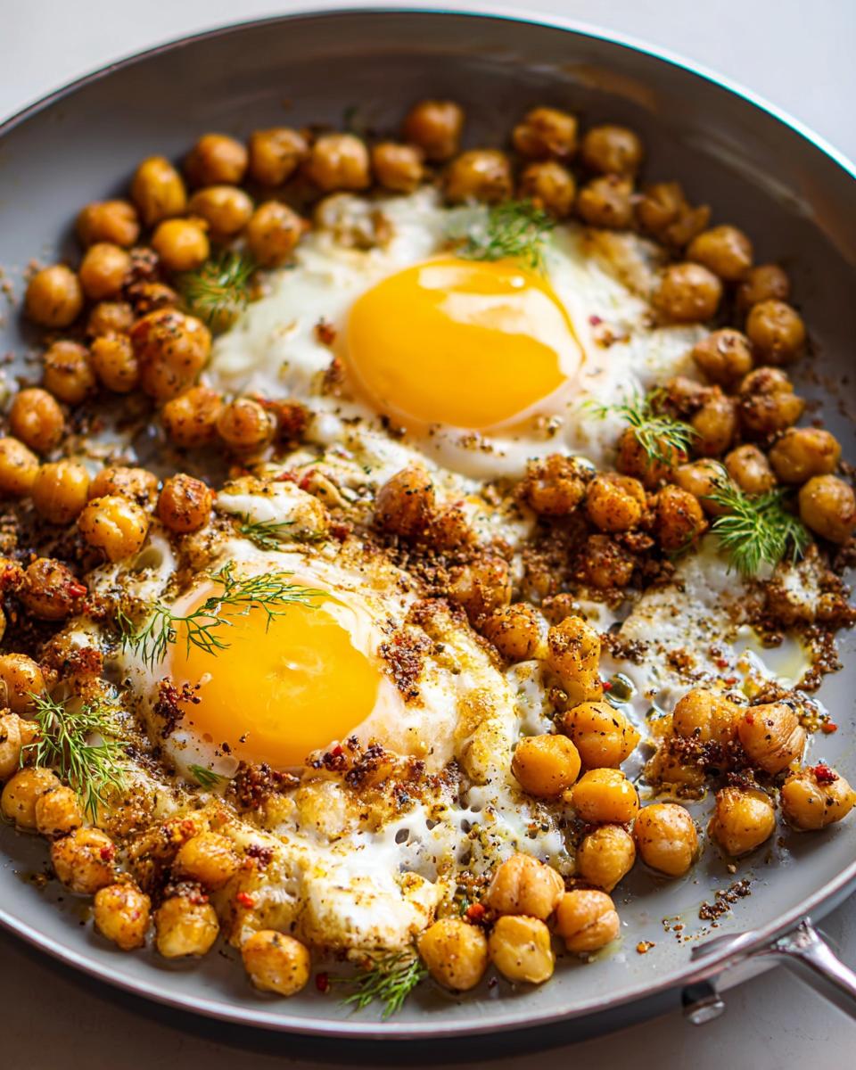 Two sunny-side-up eggs nestled in a bed of seasoned chickpeas, garnished with fresh dill. A vibrant Chickpea Fried Eggs Recipe.