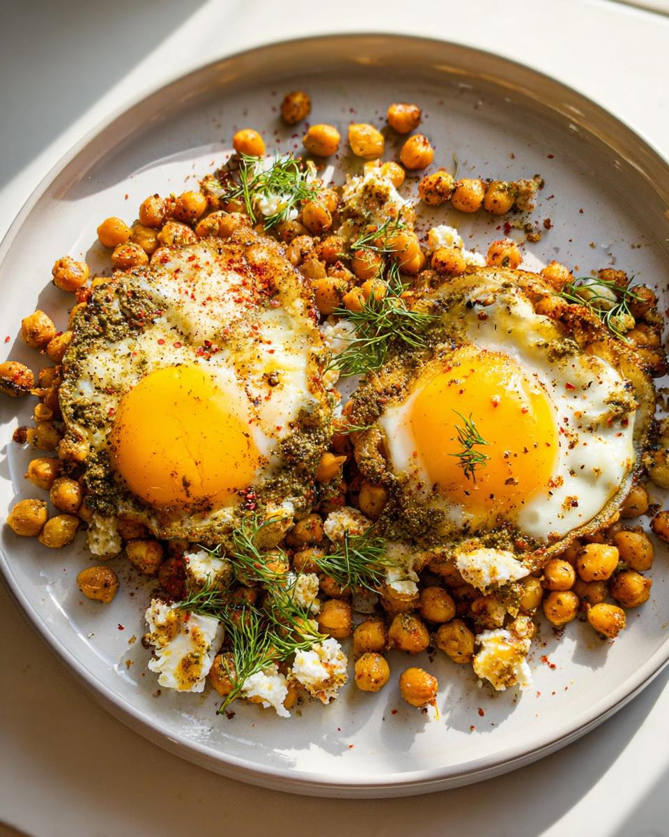 Two sunny-side-up eggs served over roasted chickpeas, topped with herbs and spices. A delicious Chickpea Fried Eggs Recipe.