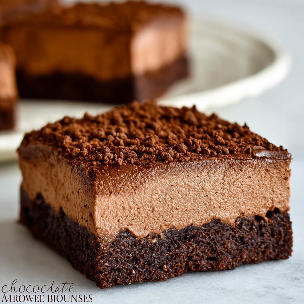 A close-up of a rich Chocolate Mousse Brownie, topped with chocolate crumbs, showcasing its layered texture.