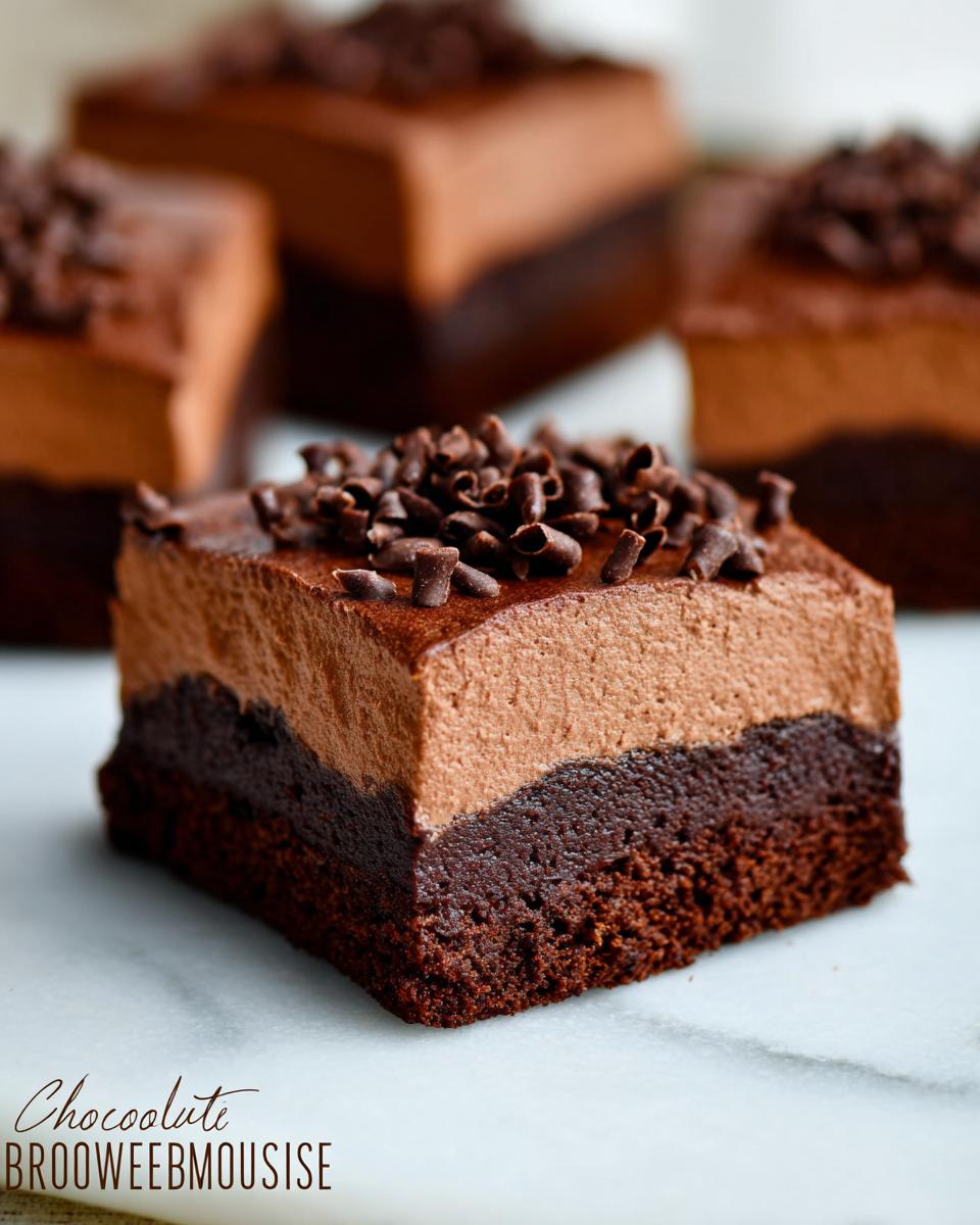 Close-up of a rich Chocolate Mousse Brownie, featuring a dense brownie base topped with smooth chocolate mousse and chocolate shavings.