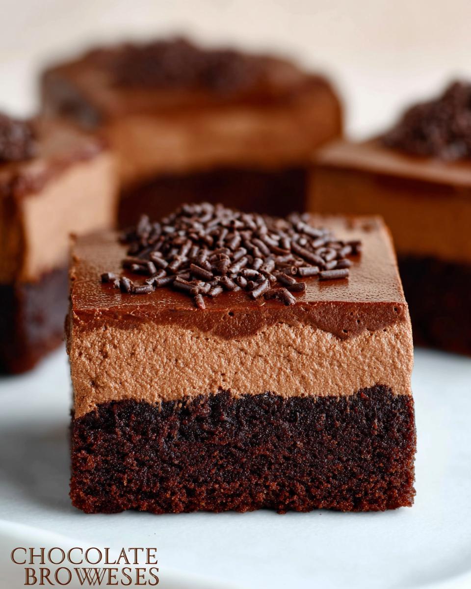 A rich slice of Chocolate Mousse Brownies, featuring a dense brownie base topped with smooth chocolate mousse and chocolate sprinkles.