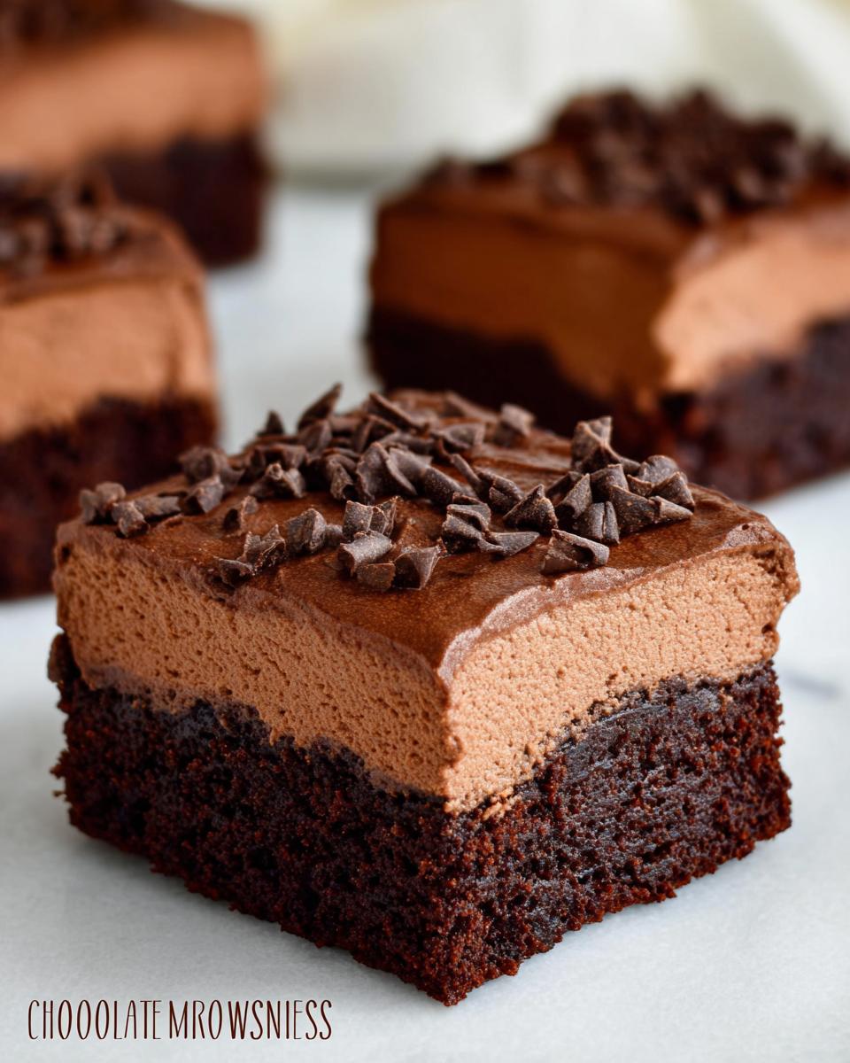 A rich slice of Chocolate Mousse Brownies, topped with chocolate shavings.