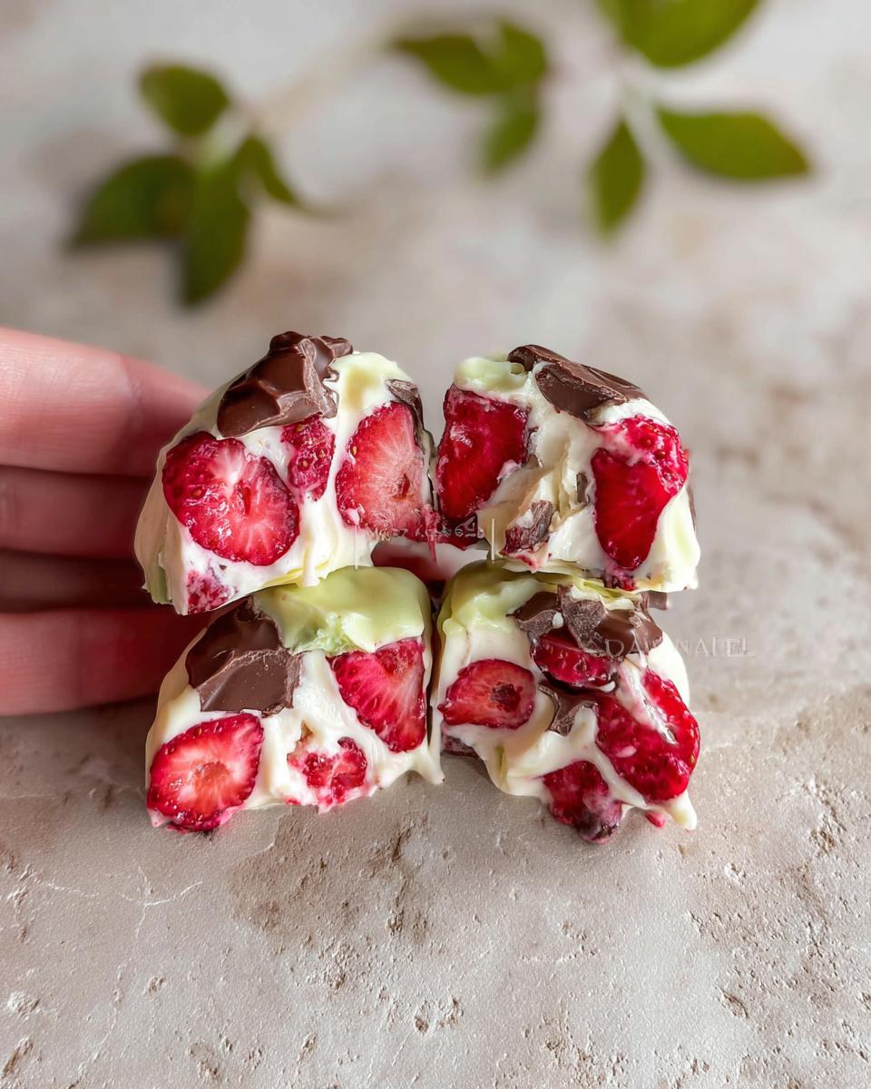 A hand holding four pieces of Chocolate Strawberry Yogurt Clusters, showcasing fresh strawberries and chocolate chunks.