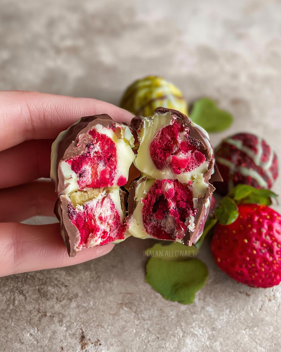 Close-up of a Chocolate Strawberry Yogurt Cluster cut in half, revealing creamy white yogurt and bright red strawberry pieces inside.