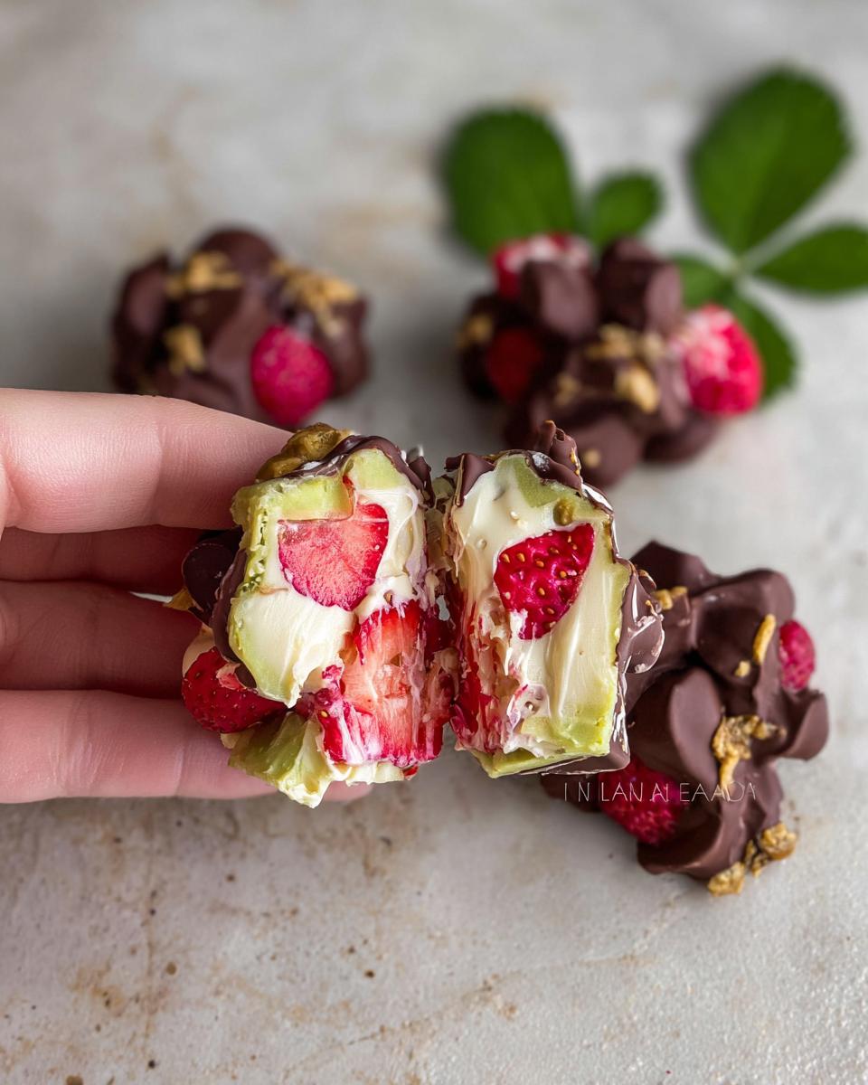 Close-up of a Chocolate Strawberry Yogurt Clusters recipe treat, cut in half to reveal fresh strawberries and creamy yogurt filling.
