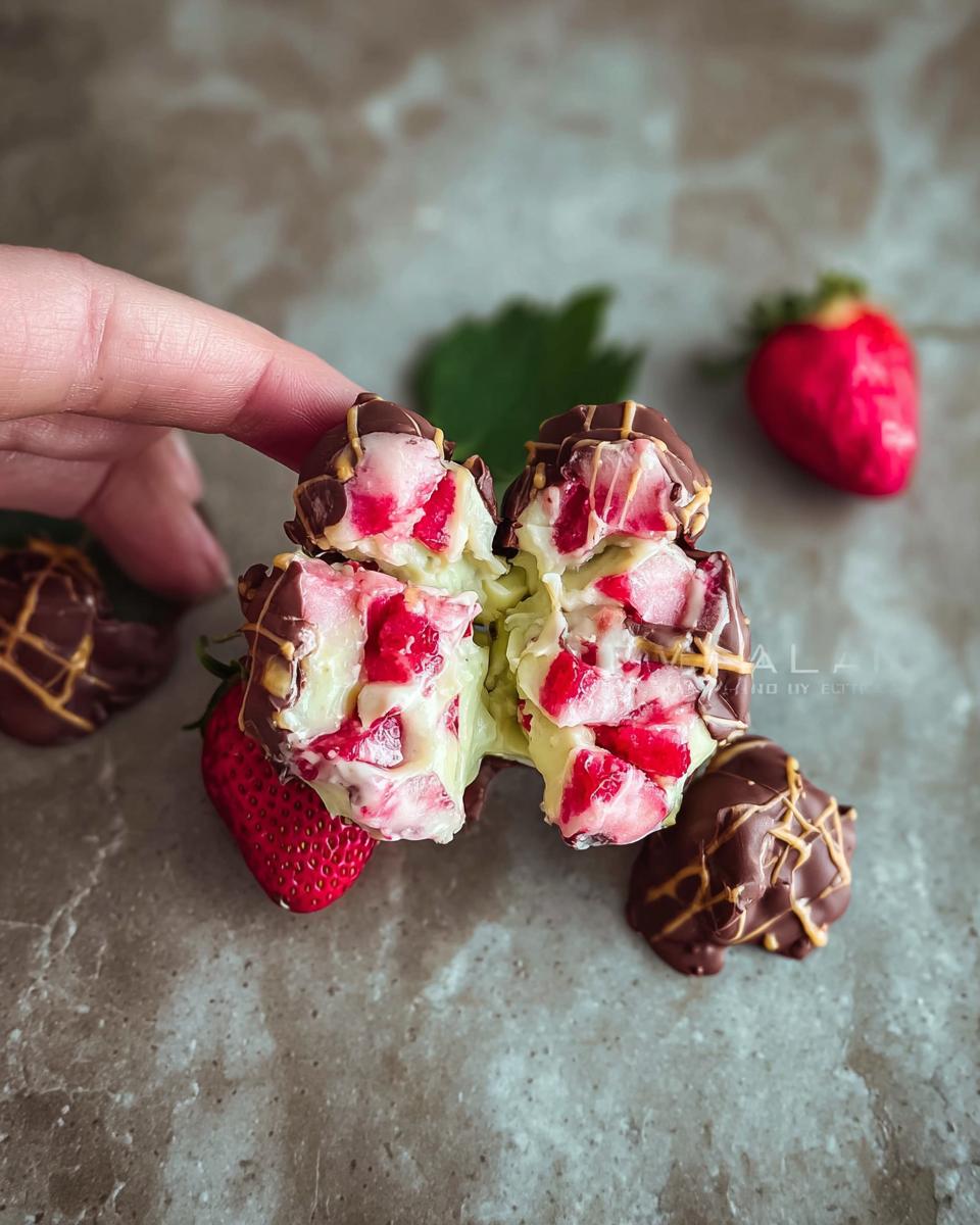 A hand holding a broken Chocolate Strawberry Yogurt Clusters recipe treat, revealing creamy yogurt and fresh strawberries inside.