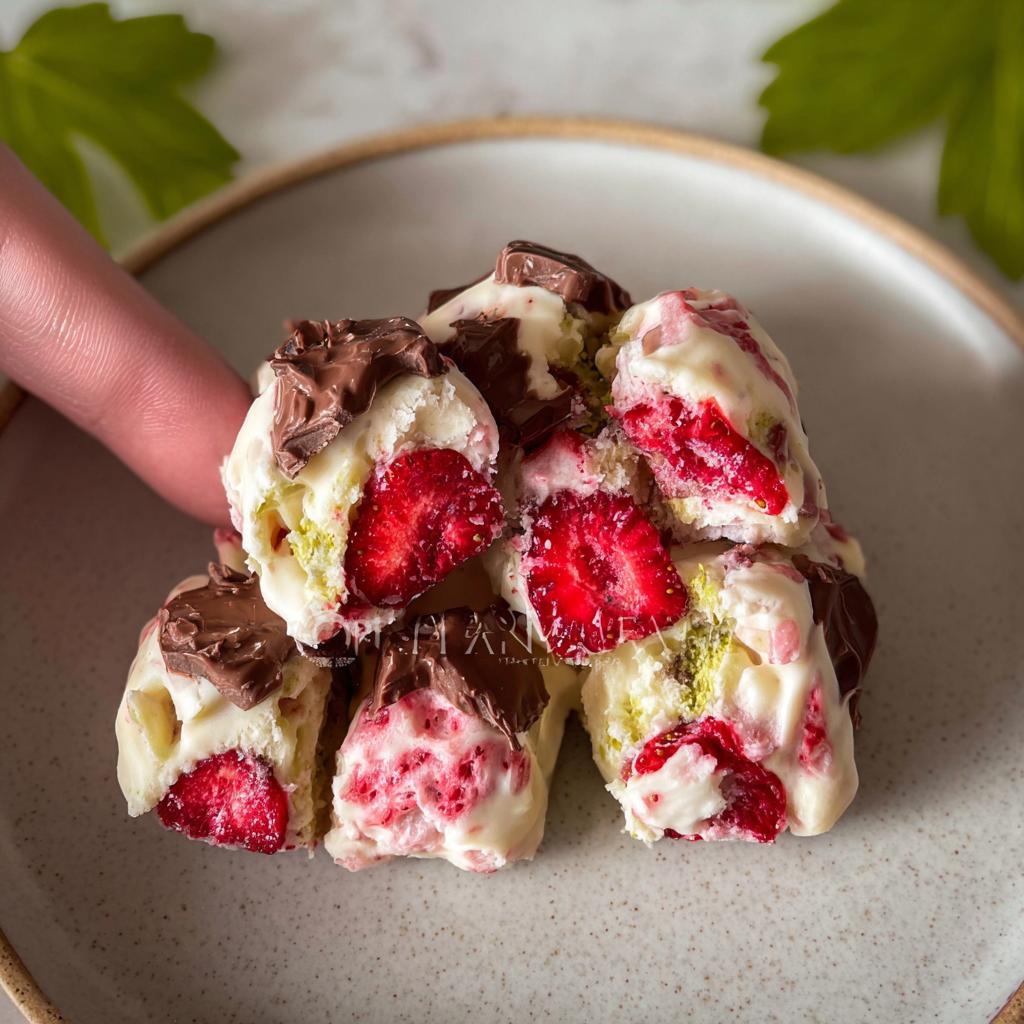 Close-up of chocolate strawberry yogurt clusters, showing freeze-dried strawberries coated in white and dark chocolate.