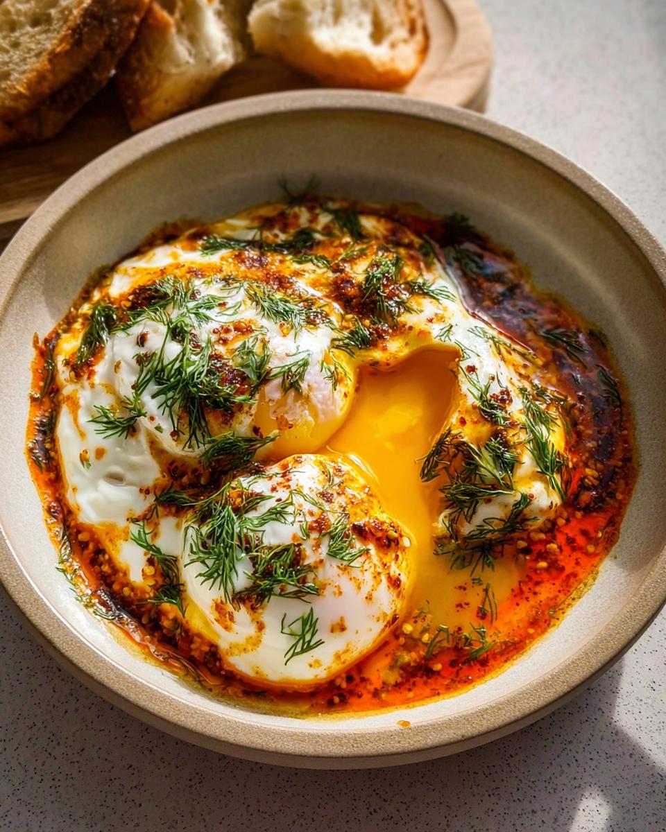 A close-up of Çılbır, Turkish eggs poached in yogurt, topped with chili butter and dill.