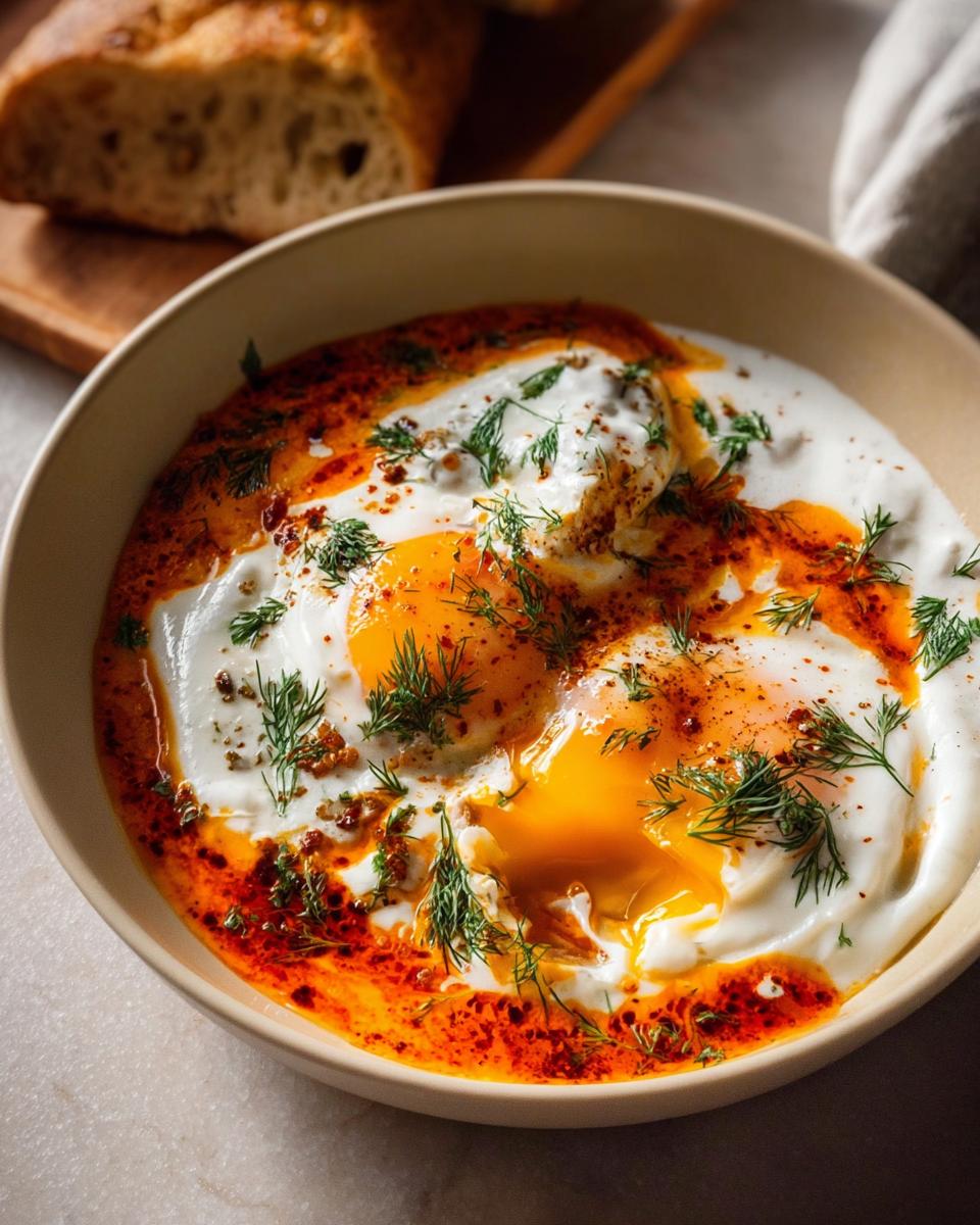 A close-up of Çılbır, featuring poached eggs nestled in creamy yogurt, drizzled with a vibrant red butter sauce and fresh dill.