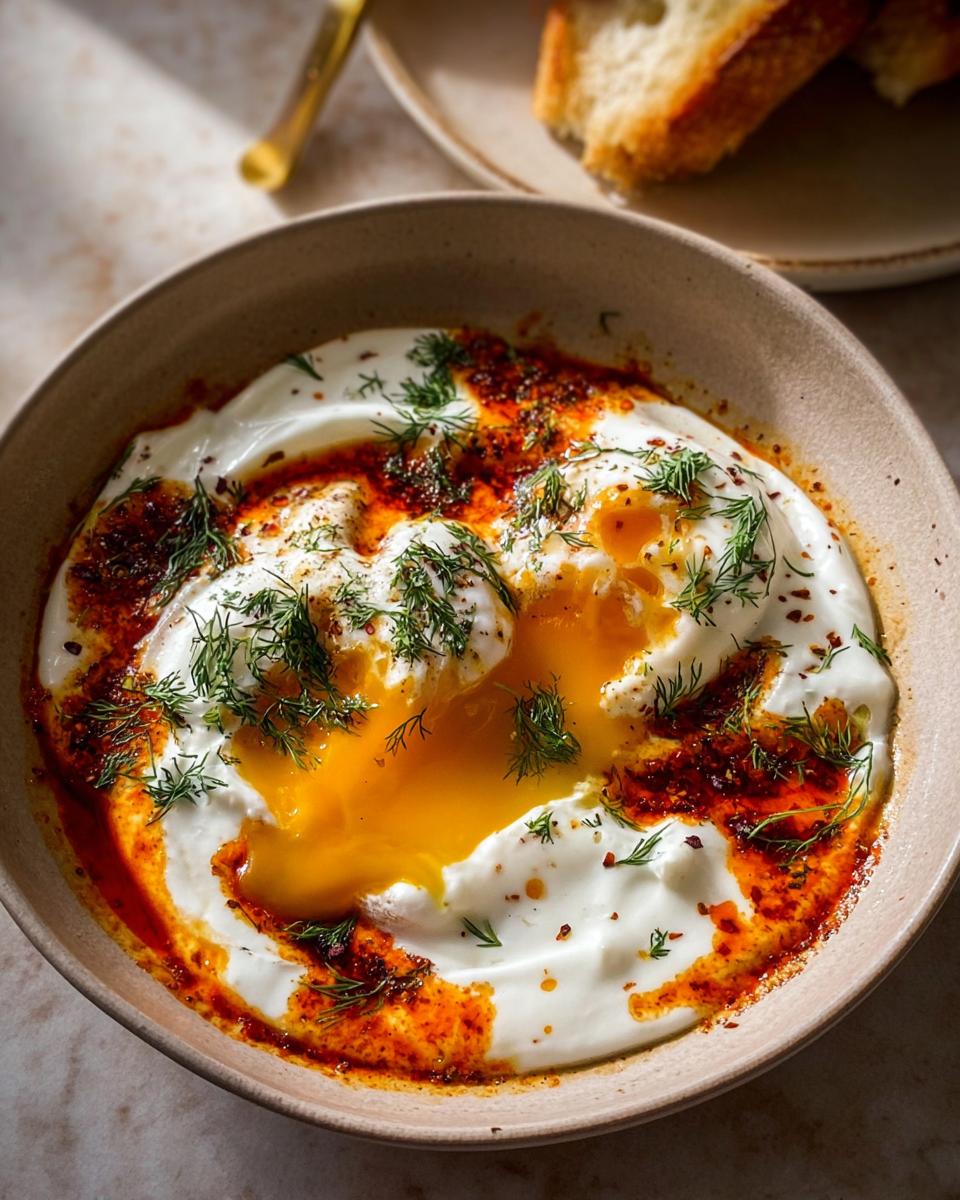 Close-up of Çılbır: Turkish eggs poached in creamy yogurt, topped with chili butter and fresh dill.