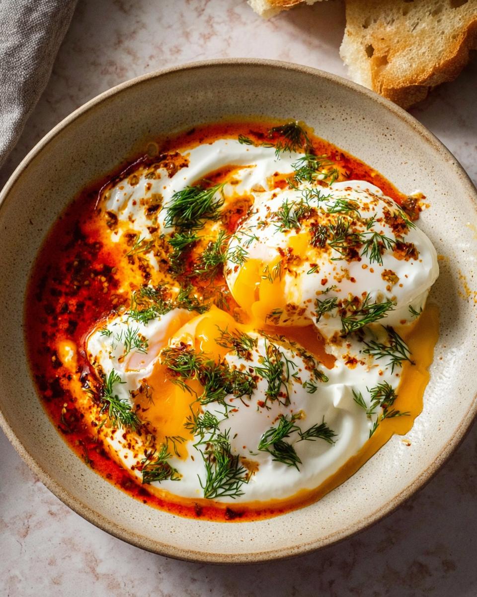 Close-up of Çılbır: Turkish eggs poached and served over creamy yogurt, drizzled with chili butter and dill.