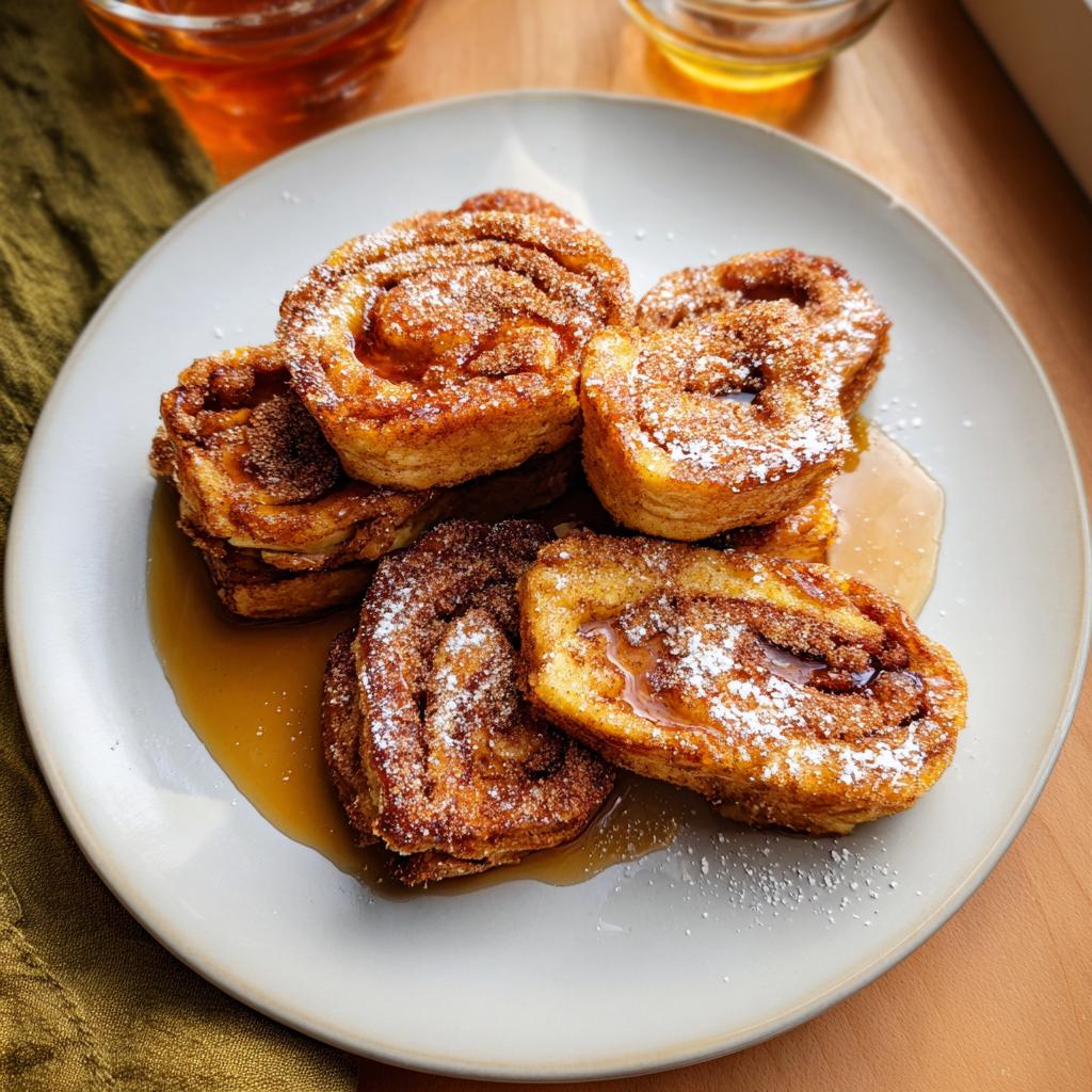 A plate of golden brown Cinnamon Roll French Toast Bites dusted with powdered sugar and drizzled with syrup.