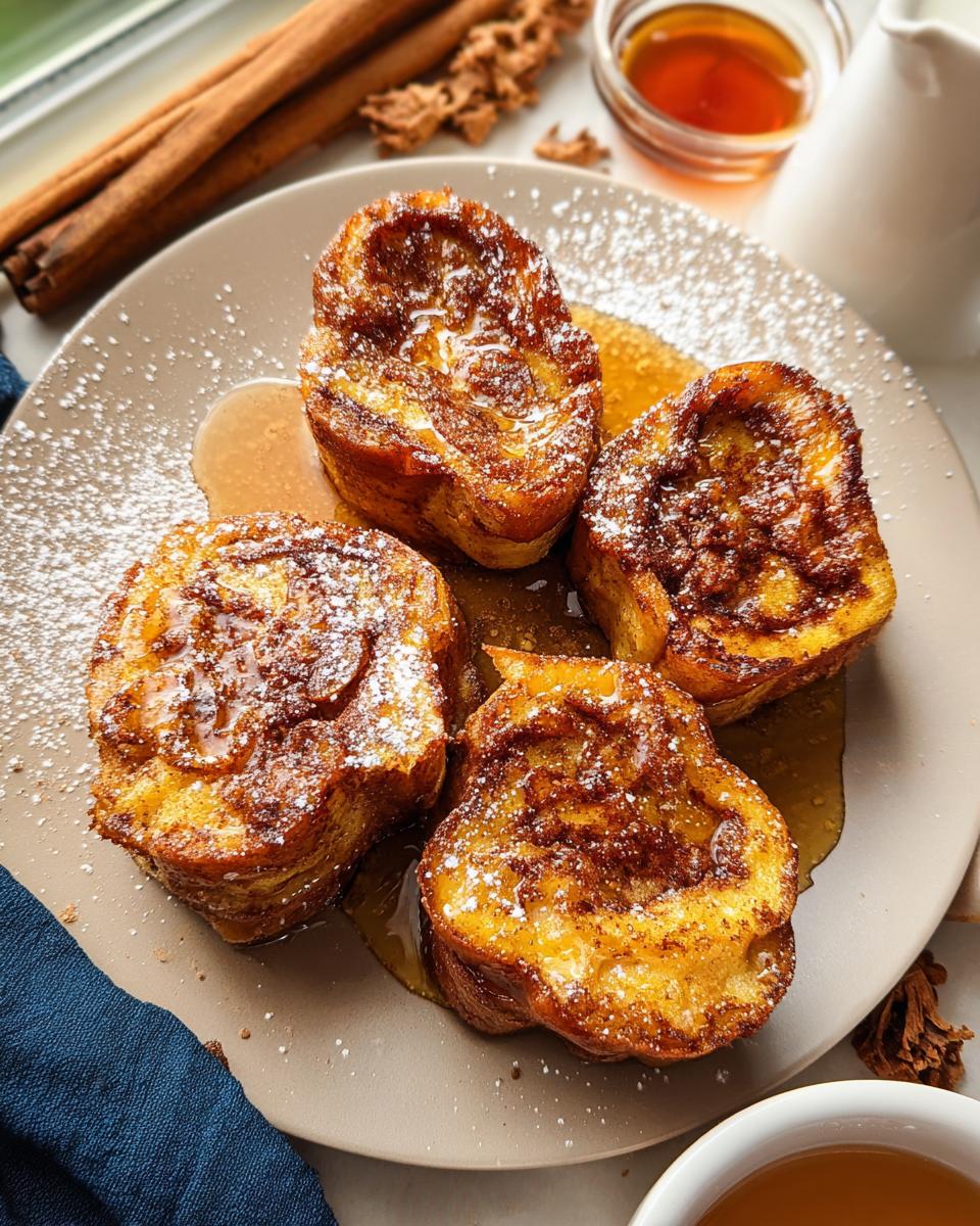 Four golden-brown Cinnamon Roll French Toast Bites drizzled with syrup and dusted with powdered sugar.