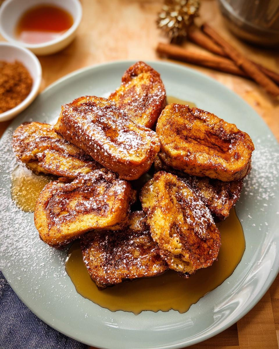 A plate piled high with golden brown Cinnamon Roll French Toast Bites, dusted with powdered sugar and drizzled with syrup.