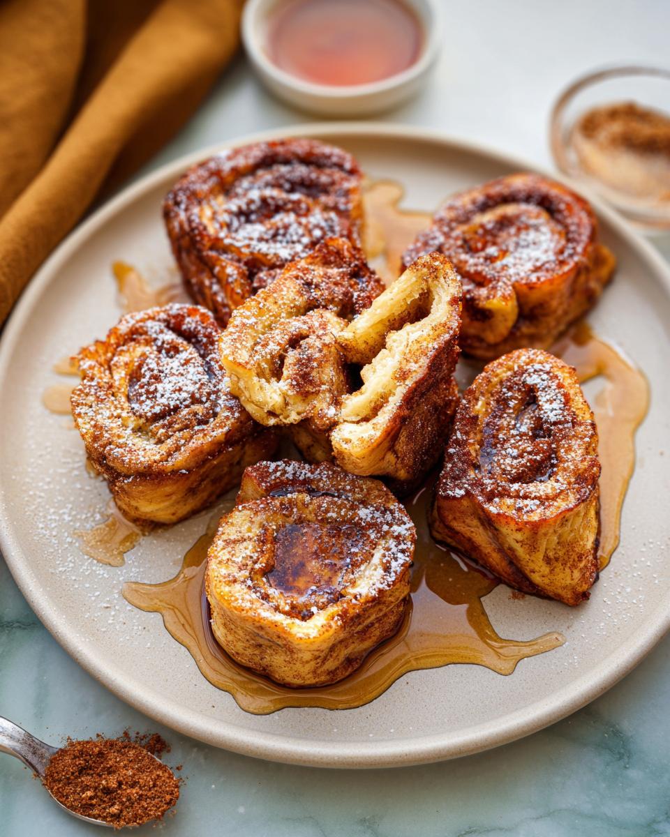 A plate of delicious Cinnamon Roll French Toast Bites drizzled with syrup and dusted with powdered sugar.