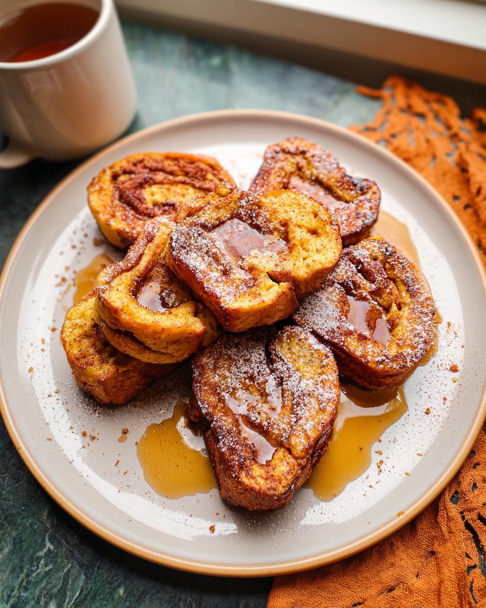 A plate of delicious Cinnamon Roll French Toast Bites drizzled with syrup and dusted with powdered sugar.