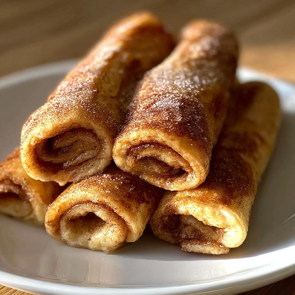 A close-up of a stack of Cinnamon Roll French Toast Roll-Ups dusted with sugar and cinnamon.