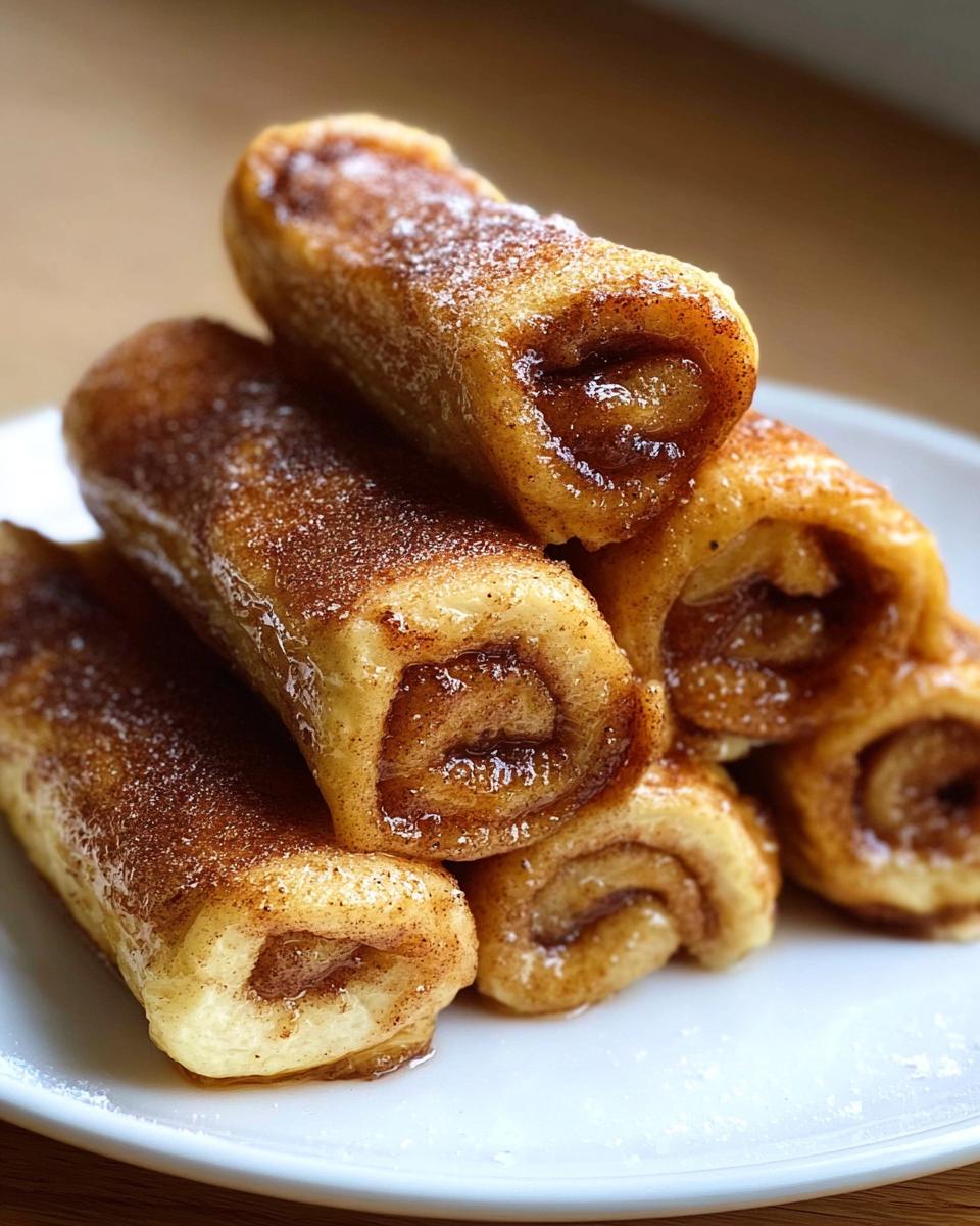 A stack of golden-brown Cinnamon Roll French Toast Roll-Ups dusted with powdered sugar.