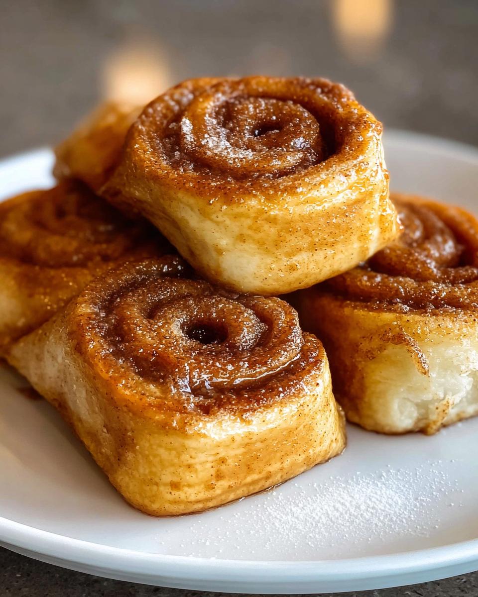 A stack of golden-brown Cinnamon Roll French Toast Roll-Ups, dusted with powdered sugar.