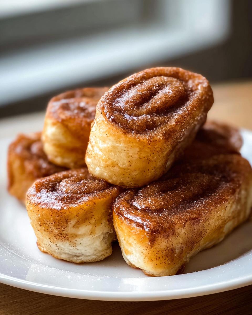 A close-up of a stack of golden-brown Cinnamon Roll French Toast Roll-Ups, dusted with sugar and cinnamon.