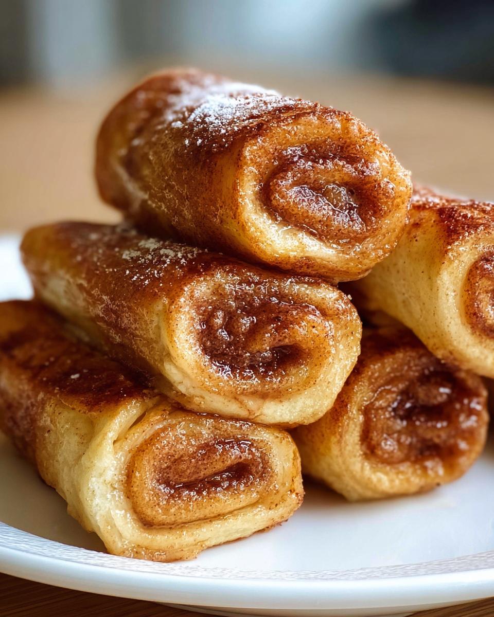 A stack of golden-brown Cinnamon Roll French Toast Roll-Ups dusted with powdered sugar.