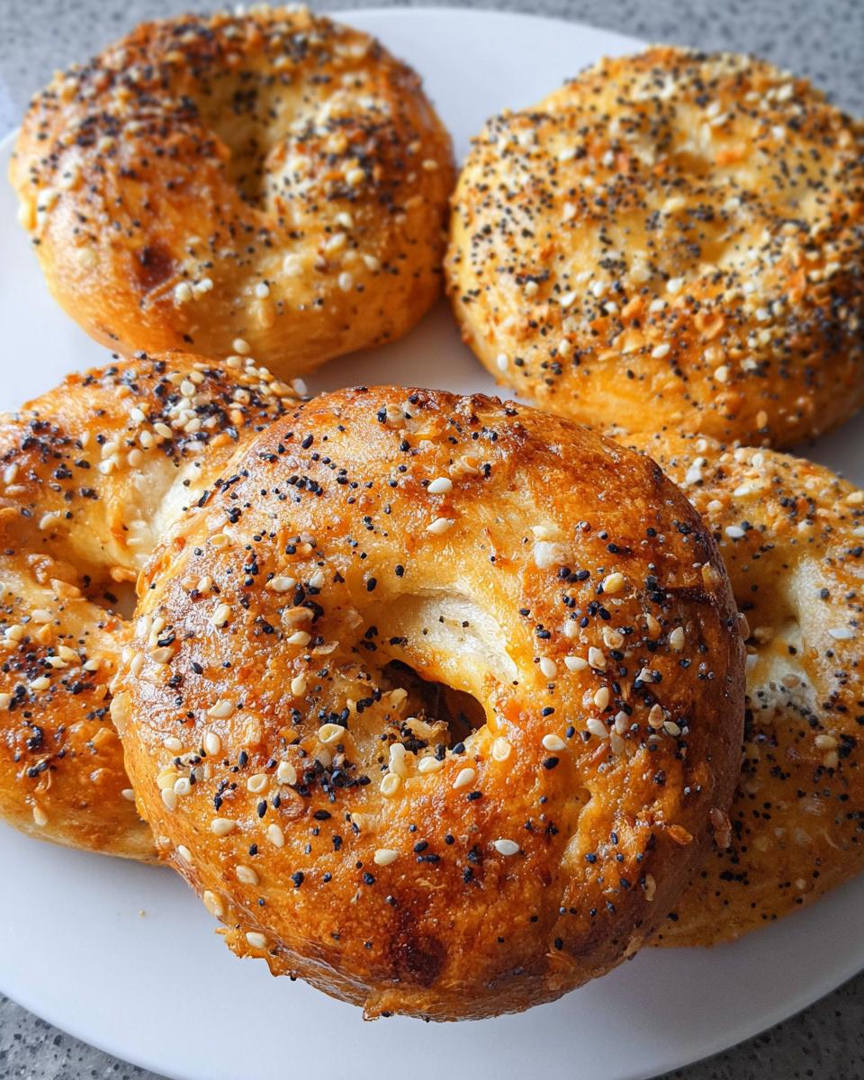 Close-up of several golden-brown cottage cheese flagels topped with everything bagel seasoning, including sesame seeds and poppy seeds.