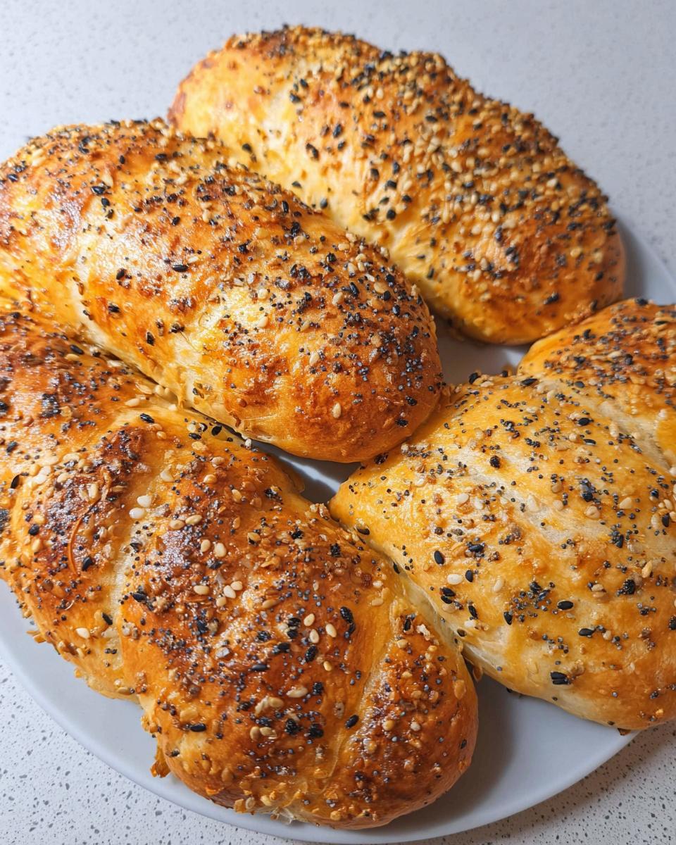 A plate of golden-brown cottage cheese flagels topped with everything bagel seasoning.
