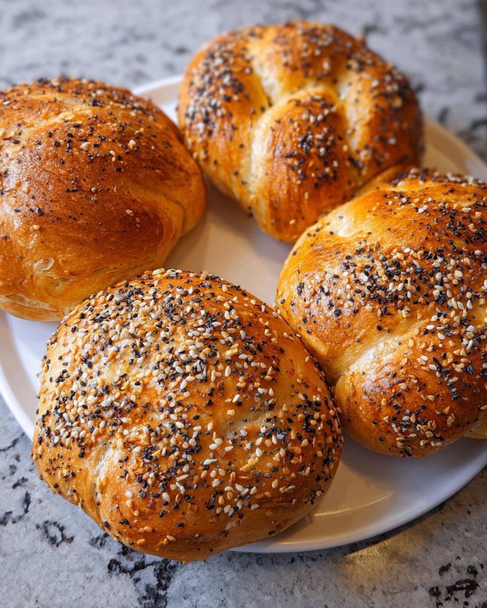 Four golden-brown cottage cheese flagels topped with everything bagel seasoning on a white plate.