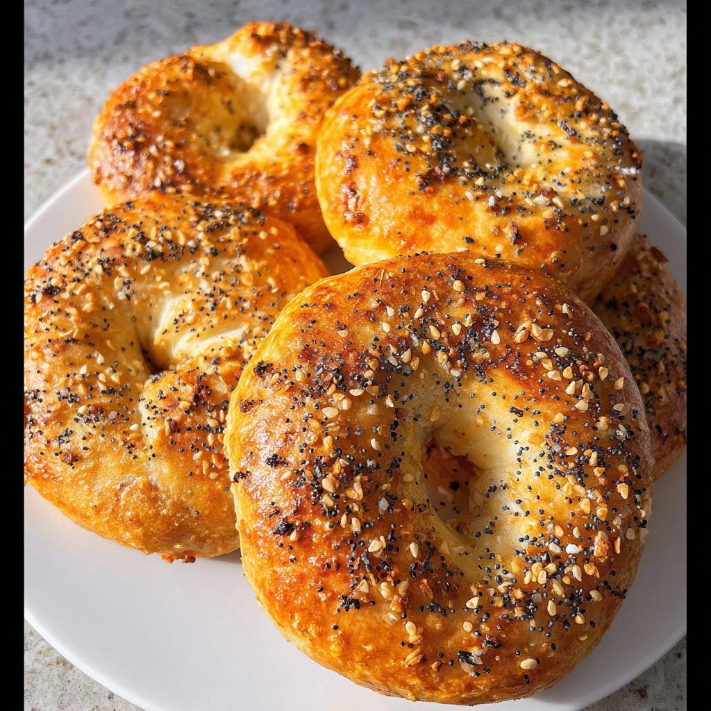 A close-up of several golden-brown cottage cheese flagels topped with everything bagel seasoning on a white plate.