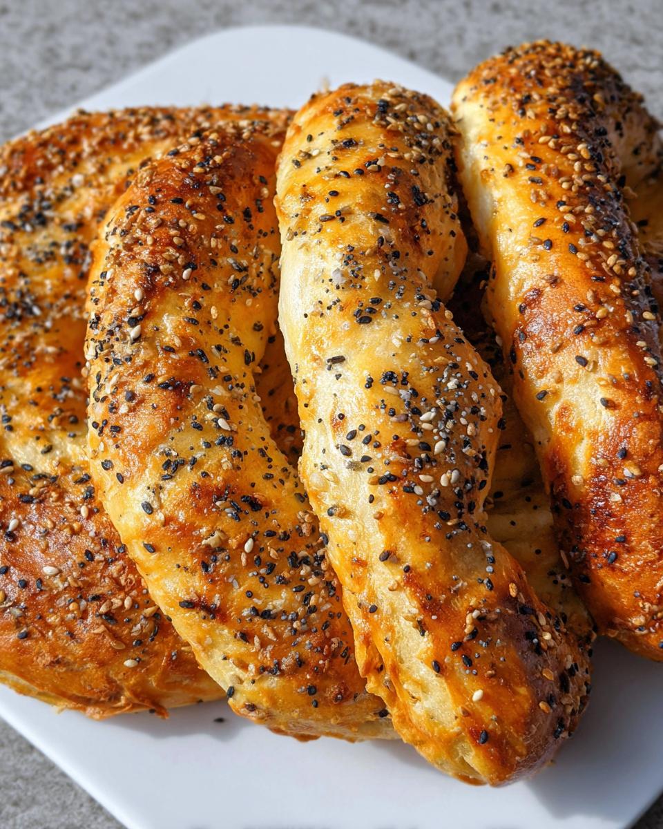Close-up of golden-brown cottage cheese flagels topped with sesame and poppy seeds.