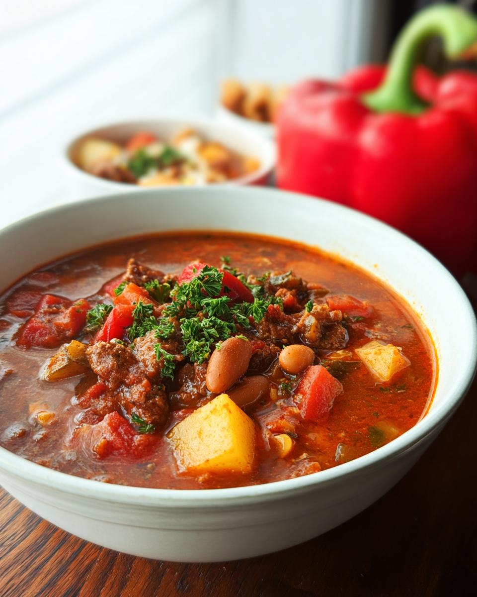 A close-up of a bowl of Cowboy Soup, featuring ground beef, beans, diced tomatoes, potatoes, and parsley garnish.