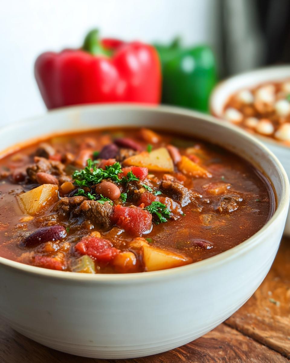 A close-up of a bowl of hearty Cowboy Soup, filled with beef, beans, potatoes, and tomatoes, garnished with parsley.