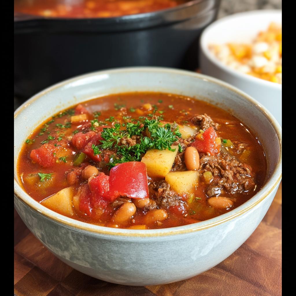 A close-up of a bowl of delicious Cowboy Soup, featuring ground beef, potatoes, beans, tomatoes, and red peppers, garnished with parsley.