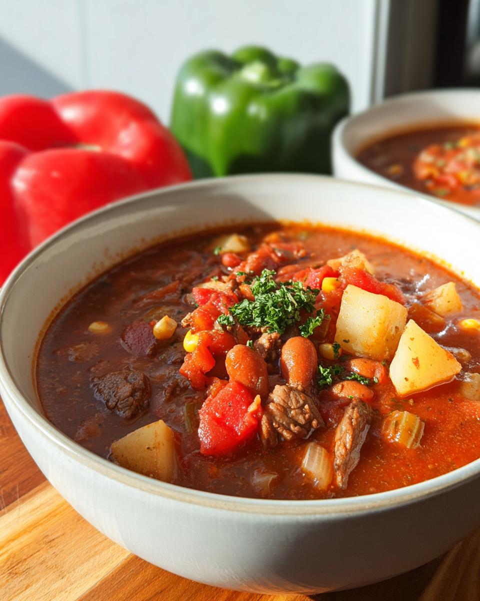 A close-up of a bowl of Cowboy Soup, featuring tender beef chunks, potatoes, corn, beans, and tomatoes, garnished with fresh parsley.