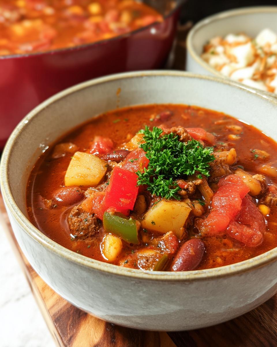 A close-up of a bowl of delicious Cowboy Soup, featuring ground beef, potatoes, beans, and peppers, garnished with parsley.