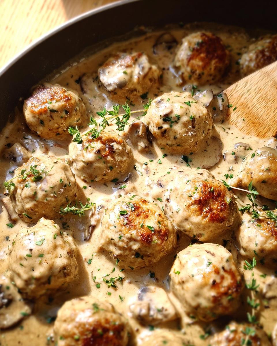 Close-up of delicious Creamy Mushroom Chicken Meatballs simmering in a rich mushroom sauce with fresh thyme.