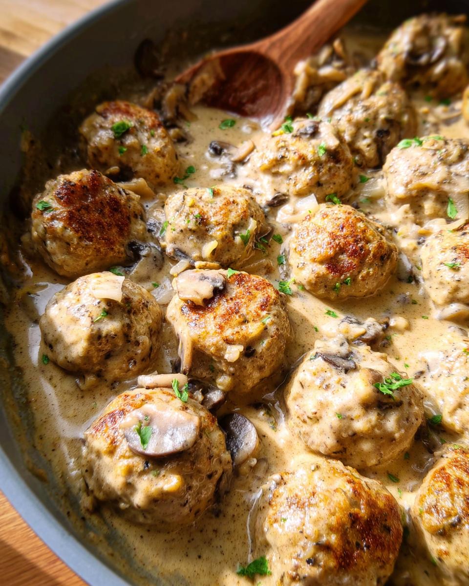 Close-up of tender Creamy Mushroom Chicken Meatballs simmering in a rich, creamy mushroom sauce.