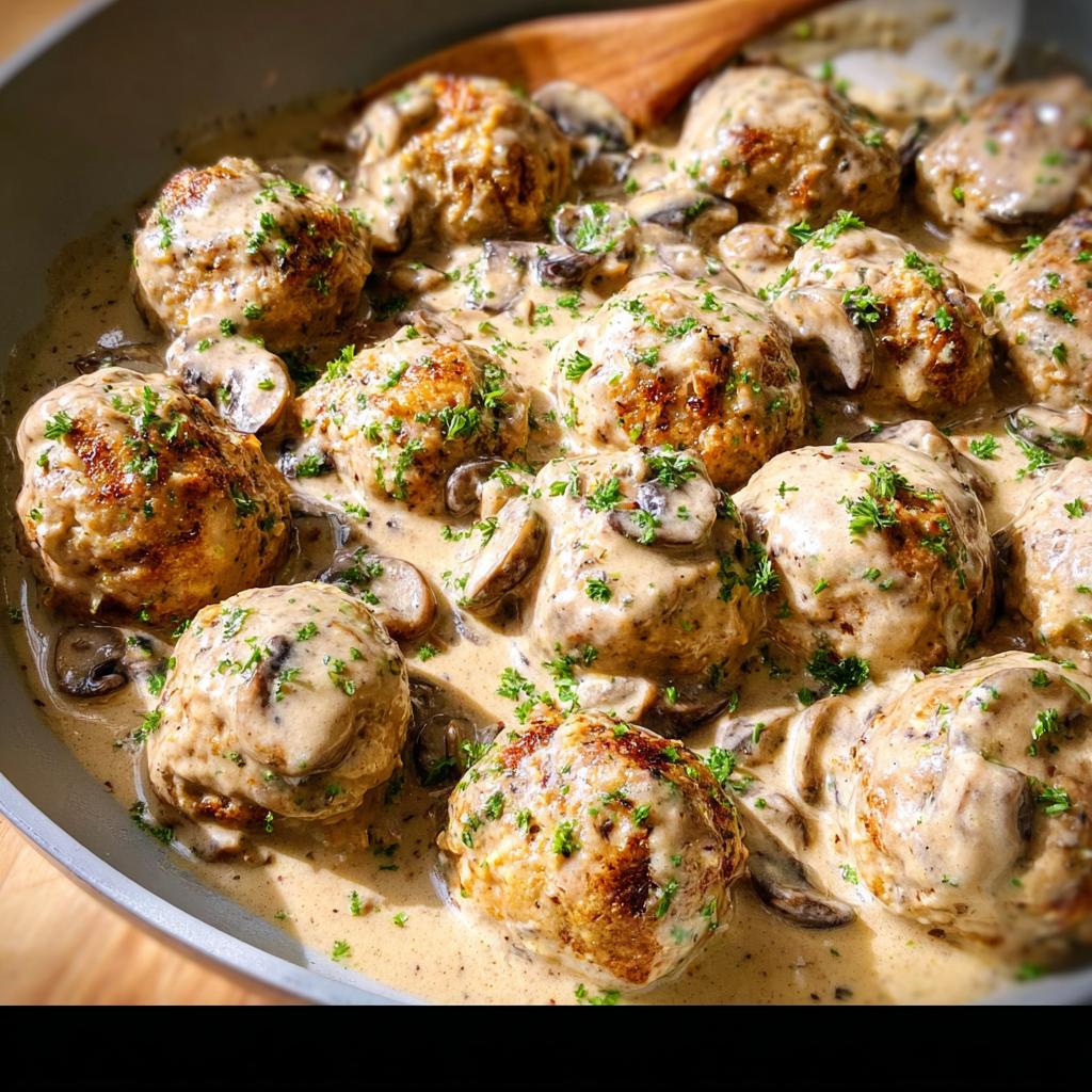 Close-up of delicious Creamy Mushroom Chicken Meatballs simmering in a rich, creamy sauce with sliced mushrooms and parsley.