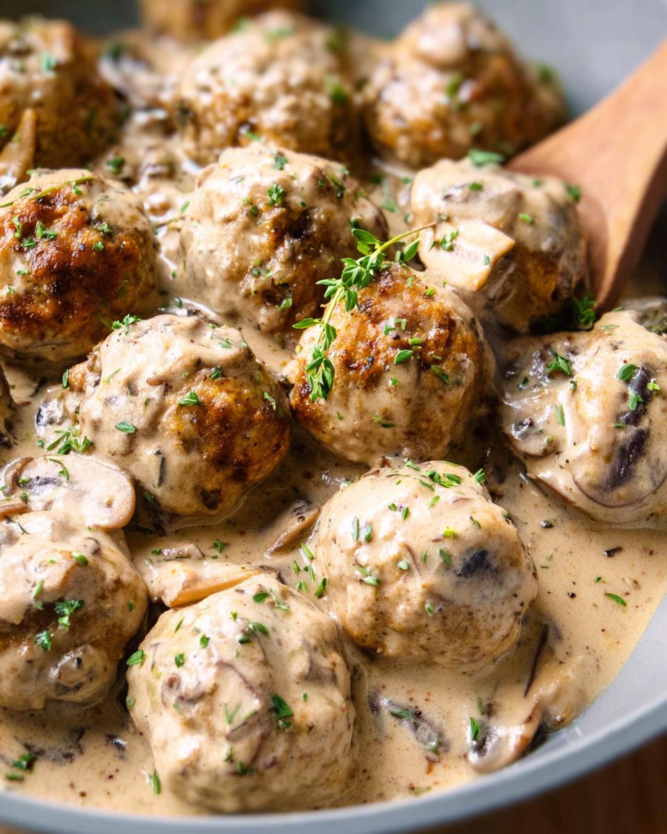 Close-up of delicious Creamy Mushroom Chicken Meatballs bathed in a rich, creamy mushroom sauce, garnished with fresh herbs.
