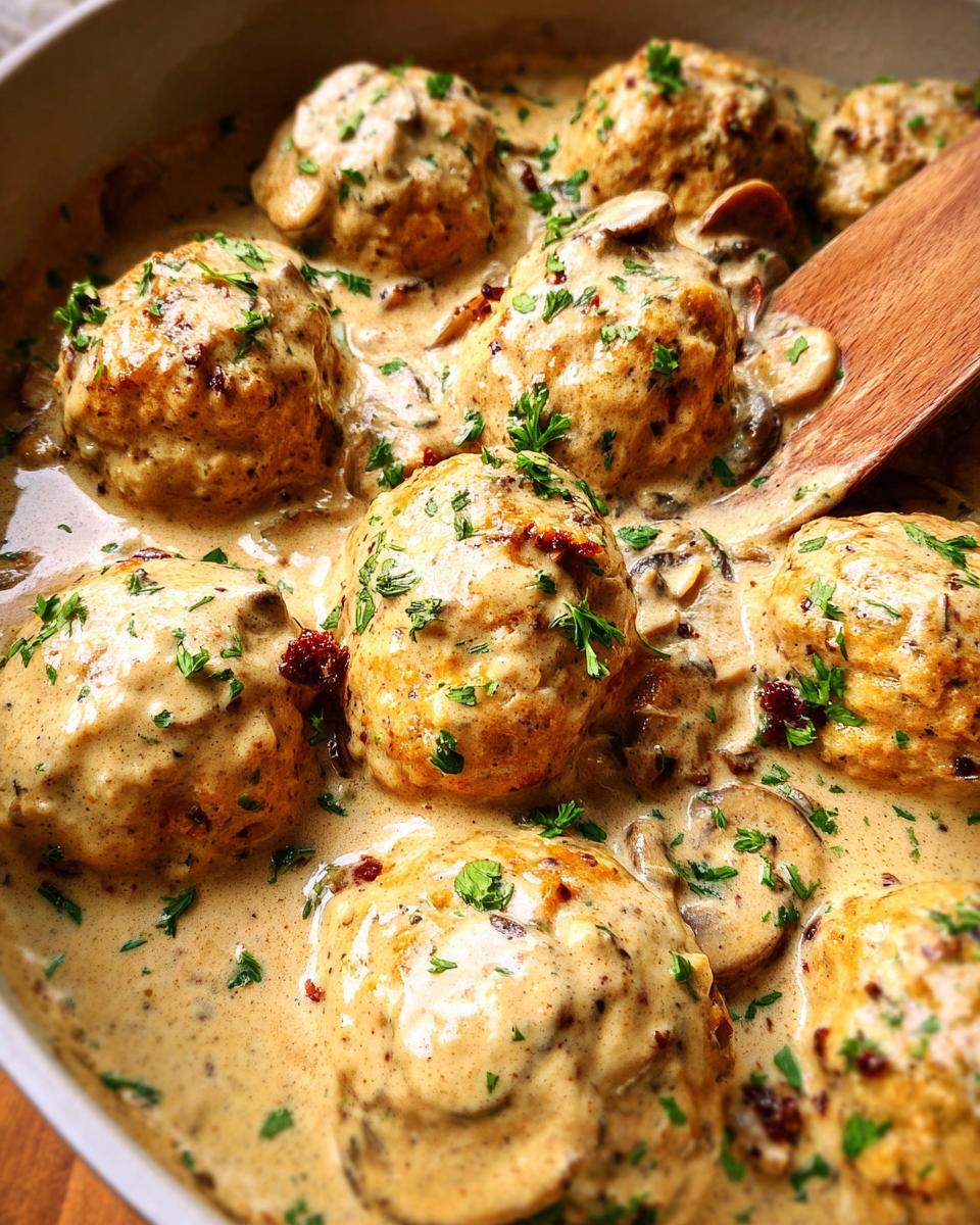 Close-up of delicious Creamy Mushroom Chicken Meatballs simmering in a rich, creamy sauce with mushrooms and parsley.