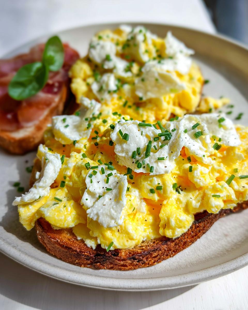 Close-up of Creamy Ricotta Egg Toast topped with fluffy scrambled eggs and fresh chives.
