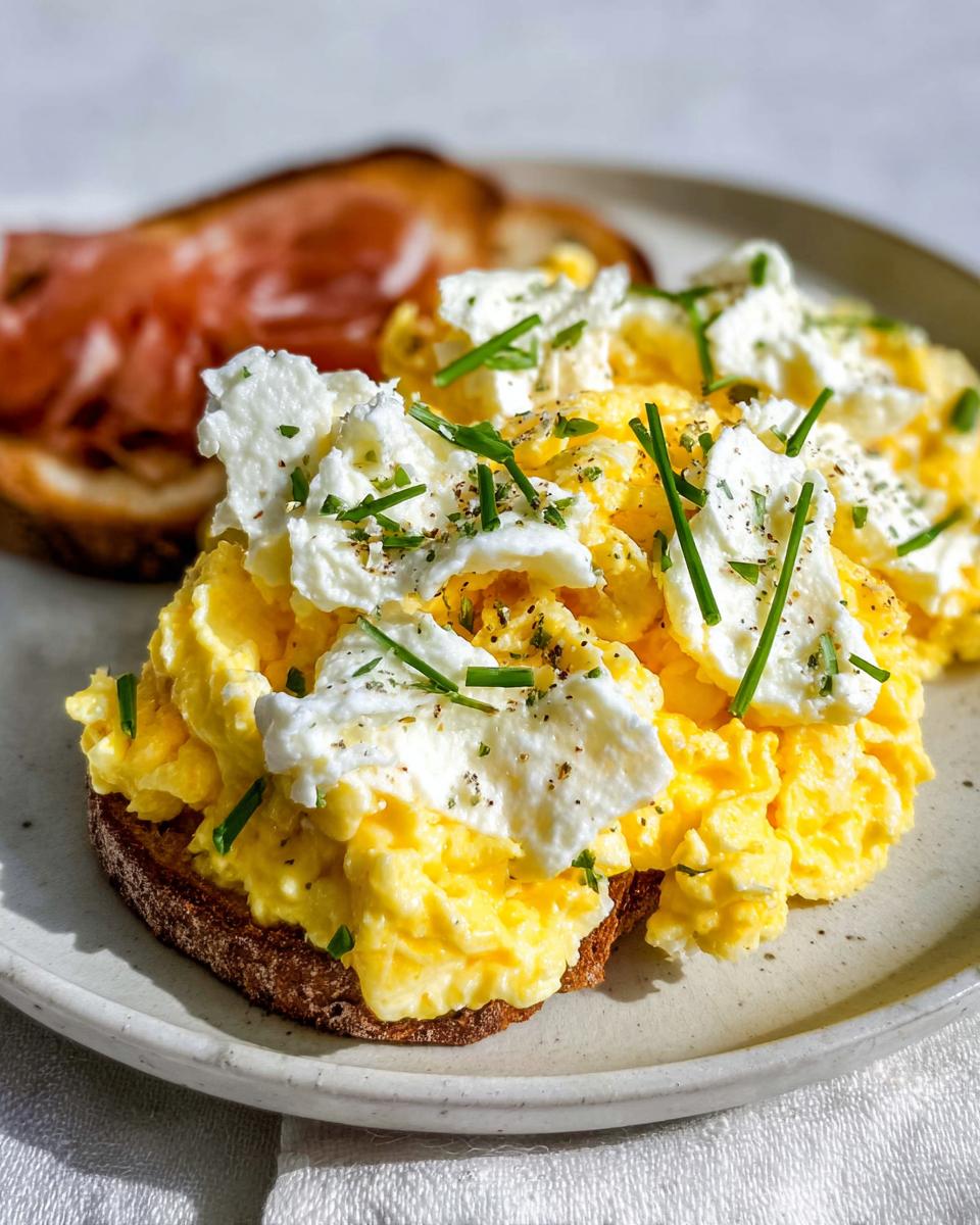 Close-up of Creamy Ricotta Egg Toast topped with fluffy scrambled eggs, dollops of ricotta, and fresh chives.