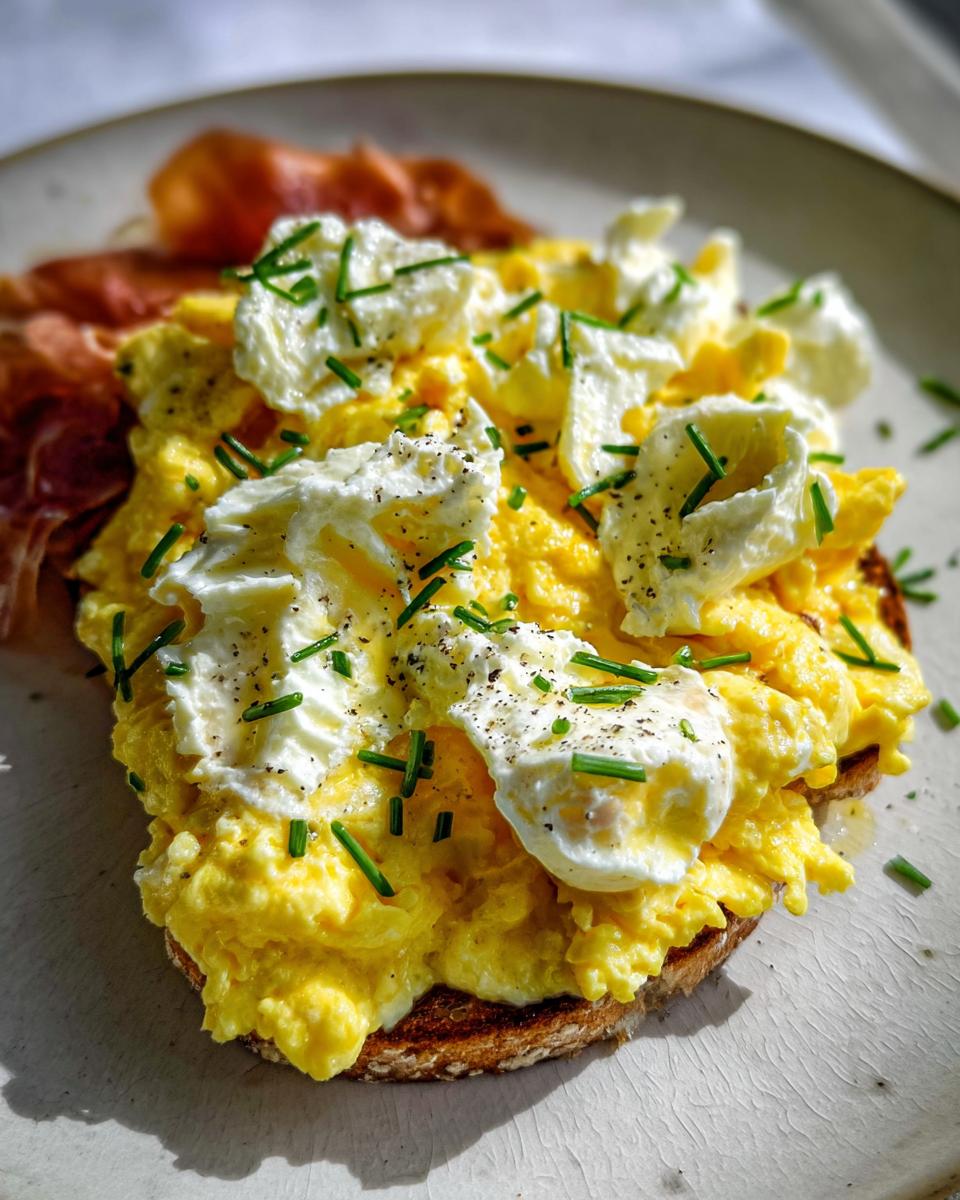 A close-up of Creamy Ricotta Egg Toast topped with fluffy scrambled eggs, dollops of ricotta, and fresh chives.