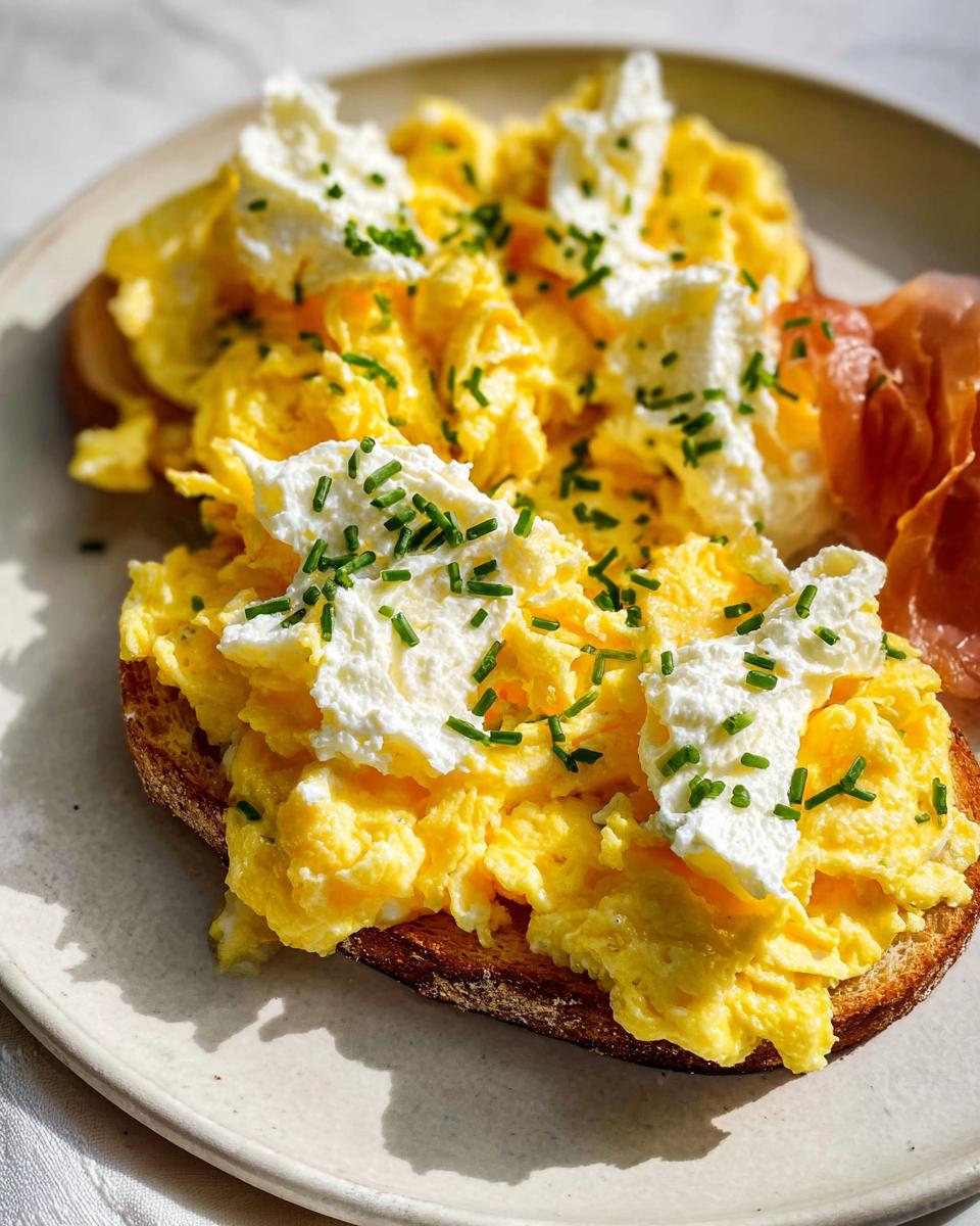 Close-up of Creamy Ricotta Egg Toast topped with fluffy scrambled eggs and fresh chives.