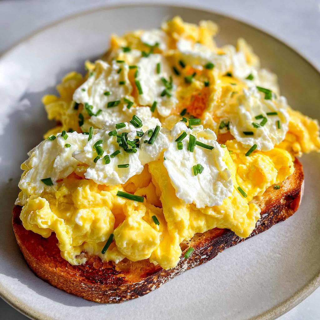 Close-up of Creamy Ricotta Egg Toast topped with fluffy scrambled eggs and fresh chives.