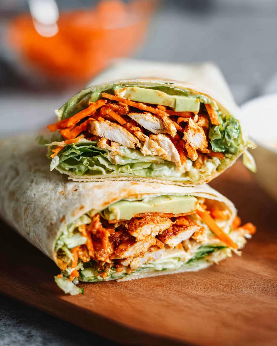 A delicious chicken wrap filled with creamy spinach and eggs, shredded carrots, lettuce, and avocado.