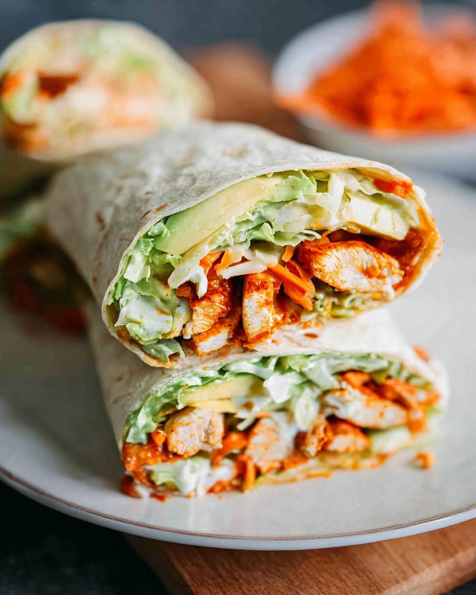 A delicious wrap filled with chicken, avocado, shredded lettuce, and carrots, drizzled with a creamy sauce.