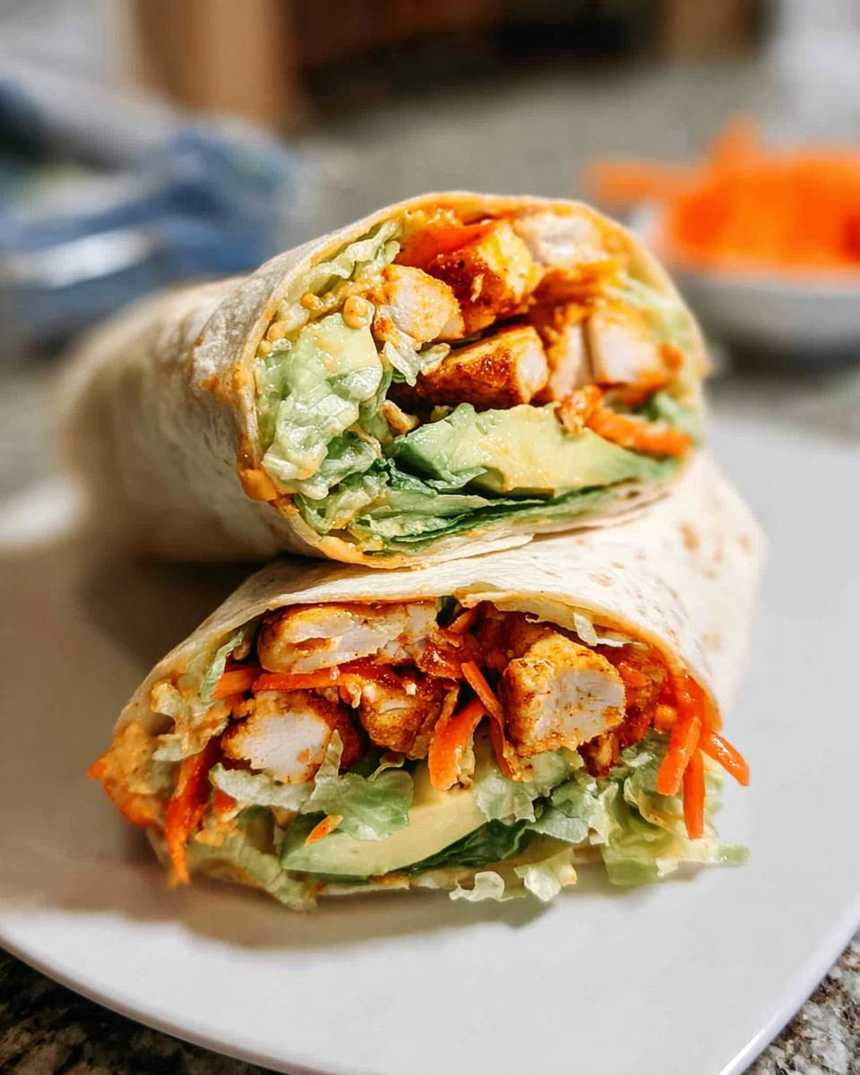 A delicious wrap filled with creamy spinach and eggs, chicken, avocado, and shredded carrots.